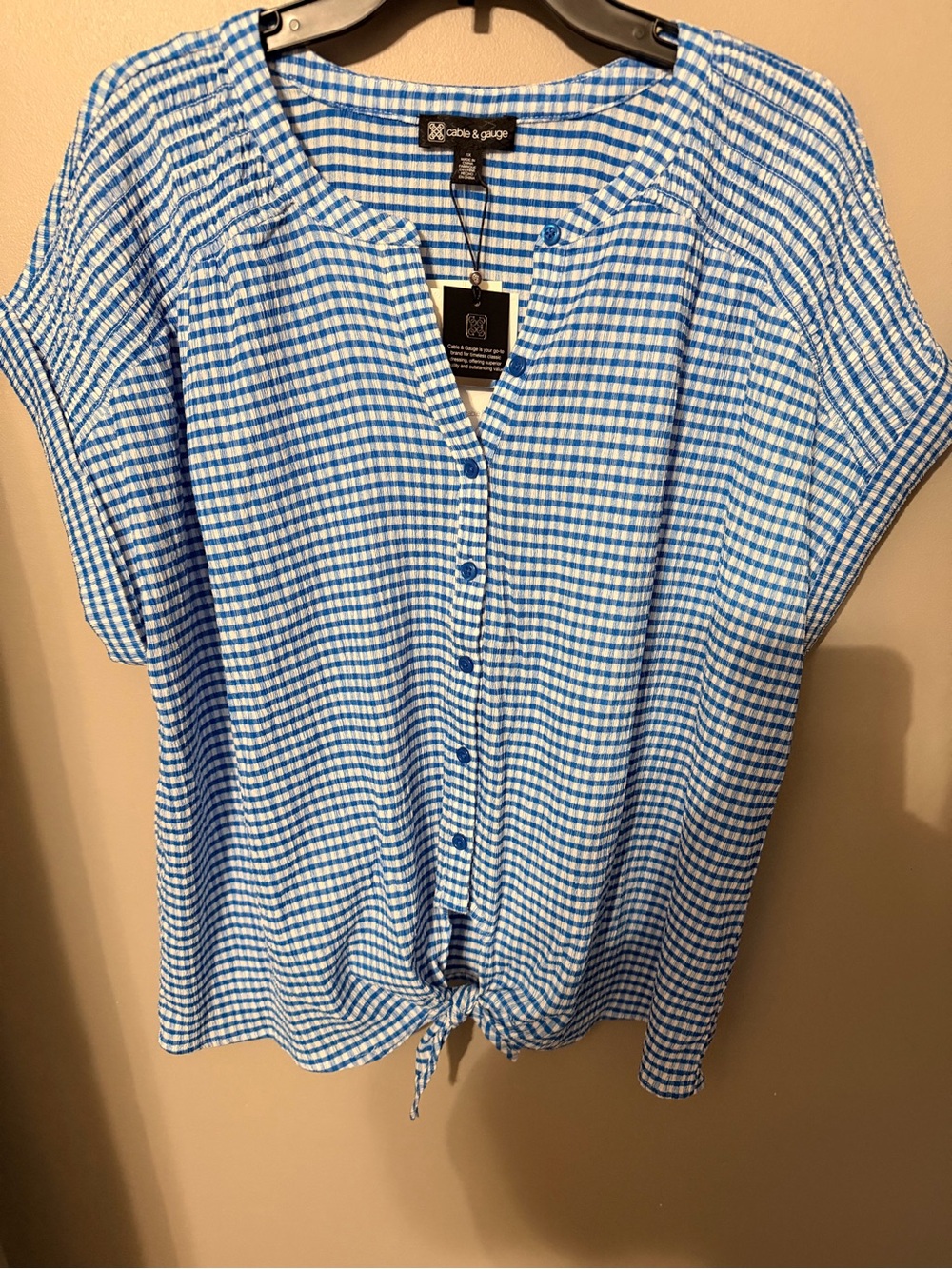 Cable & Gauge Blue Gingham Button-Front Tie-Hem Top